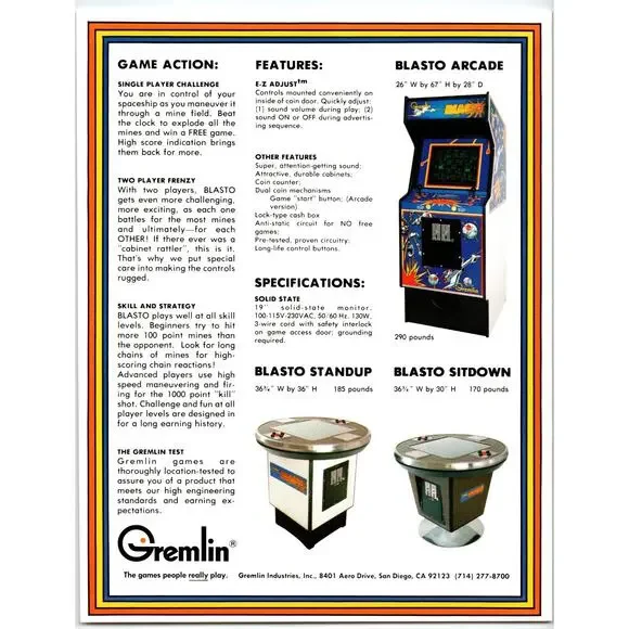 Blasto Retro Video Arcade Game FLYER 1970's Original 8.5 x 11 Vintage 1978